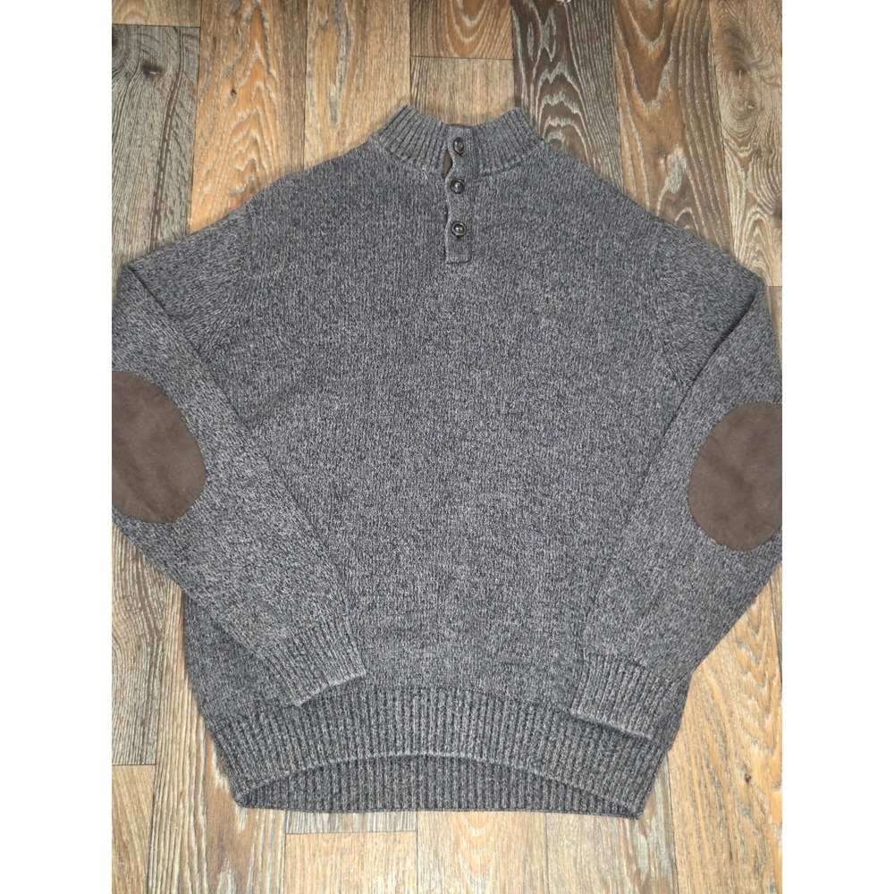 Chaps Mens Gray Cotton Knit Mock Neck Button Sweater with Elbow Patches Large